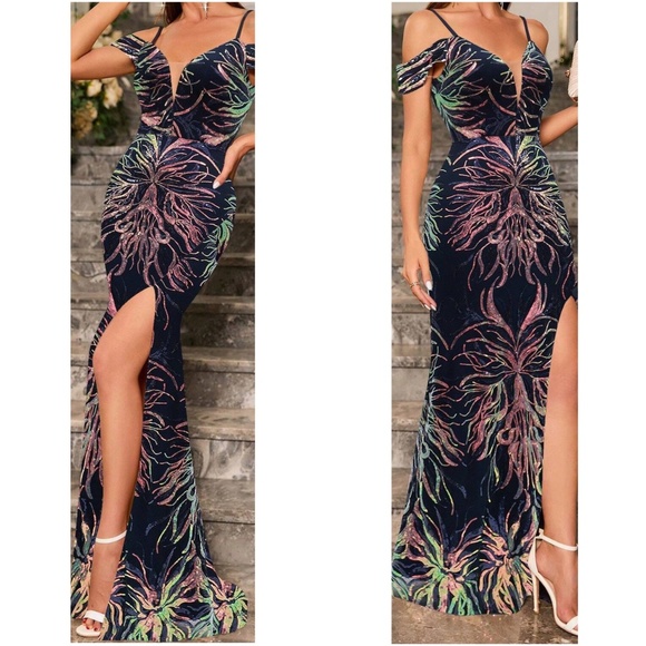 Dresses & Skirts - Luxe Navy Blue Sequin Cold Shoulder Party Evening Wedding Prom Dress